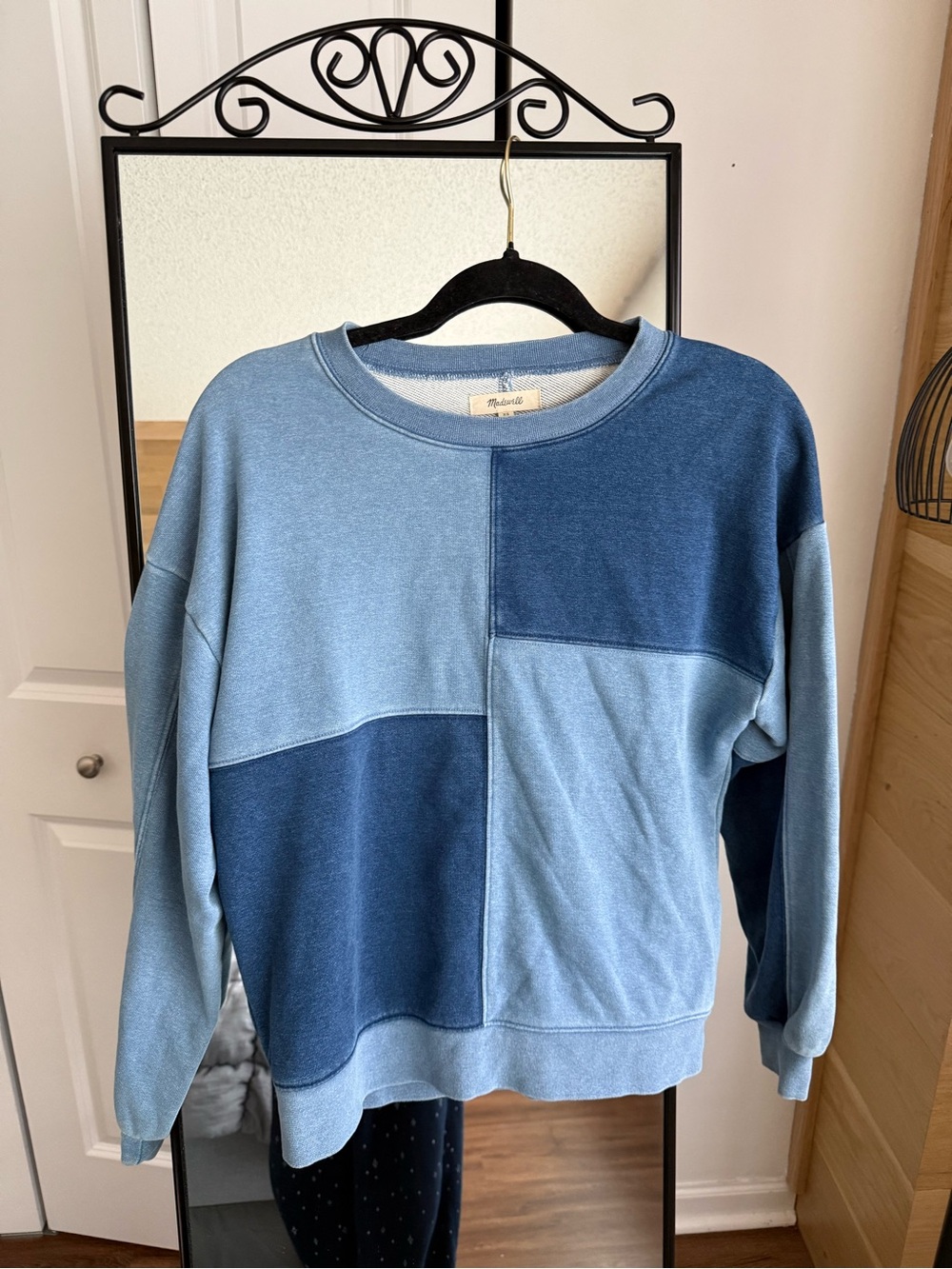 Madewell Two-Tone Blue Patchwork Crewneck Sweater
